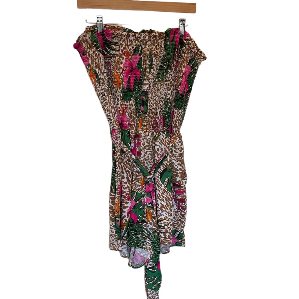 ROUGE Strapless Shorts Romper Tan/Fuschia Floral Print Smocked Belted - Size 3X